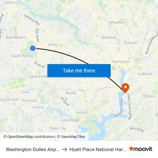 Washington Dulles Airport to Hyatt Place National Harbor map