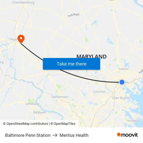 Baltimore Penn Station to Meritus Health map