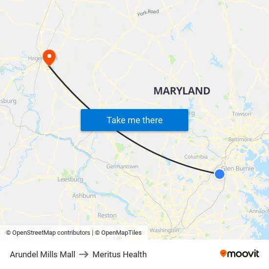 Arundel Mills Mall to Meritus Health map