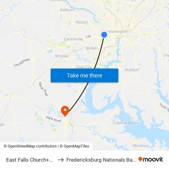 East Falls Church+Bay B to Fredericksburg Nationals Ballpark map