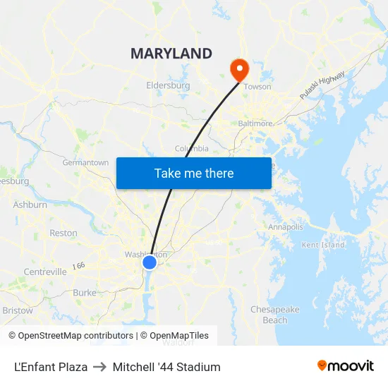 L'Enfant Plaza to Mitchell '44 Stadium map