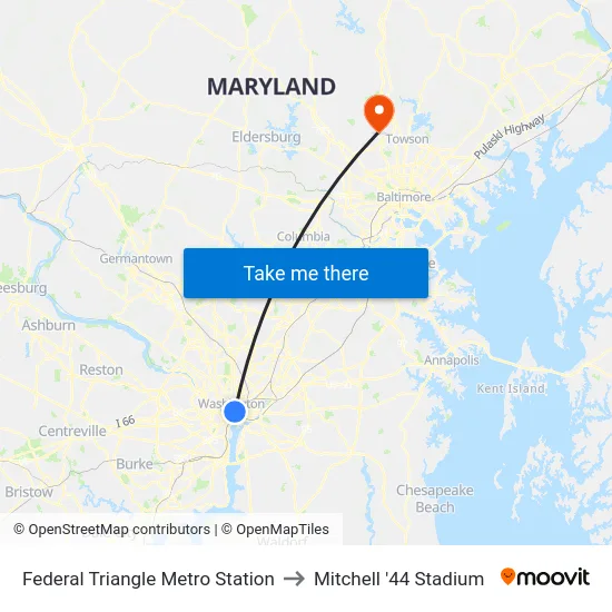 Federal Triangle Metro Station to Mitchell '44 Stadium map