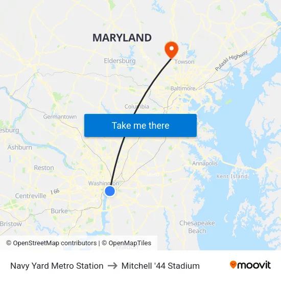 Navy Yard Metro Station to Mitchell '44 Stadium map