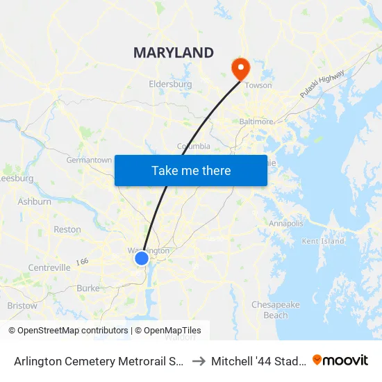Arlington Cemetery to Mitchell '44 Stadium map