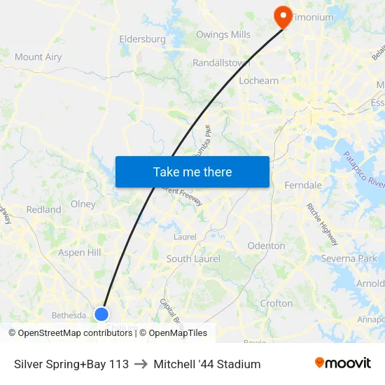 Silver Spring+Bay 113 to Mitchell '44 Stadium map