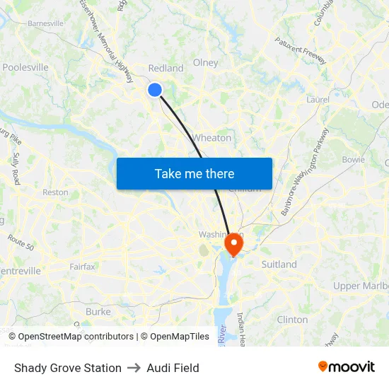 Shady Grove Station to Audi Field map