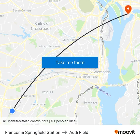 Franconia Springfield Station to Audi Field map