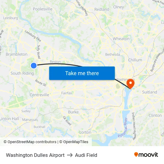 Washington Dulles Airport to Audi Field map