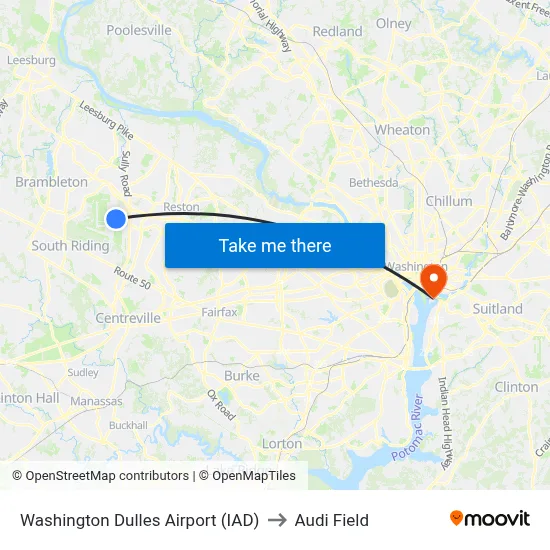 Washington Dulles Airport (IAD) to Audi Field map