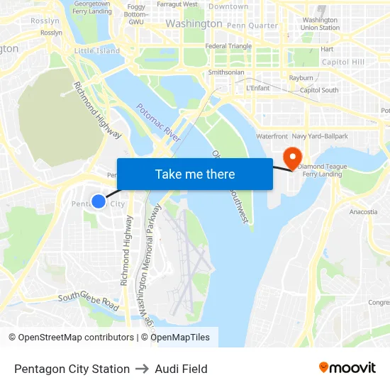 Pentagon City Station, Pentagon City Station, 1250 S Hayes St, Arlington, VA 22202, USA to Audi Field map