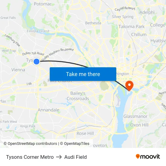Tysons Corner Metro to Audi Field map