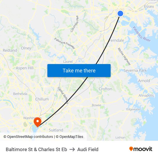 Baltimore St & Charles St Eb to Audi Field map