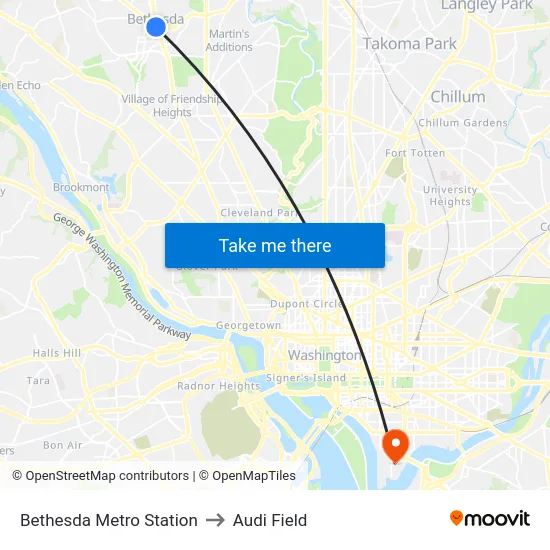 Bethesda Metro Station to Audi Field map