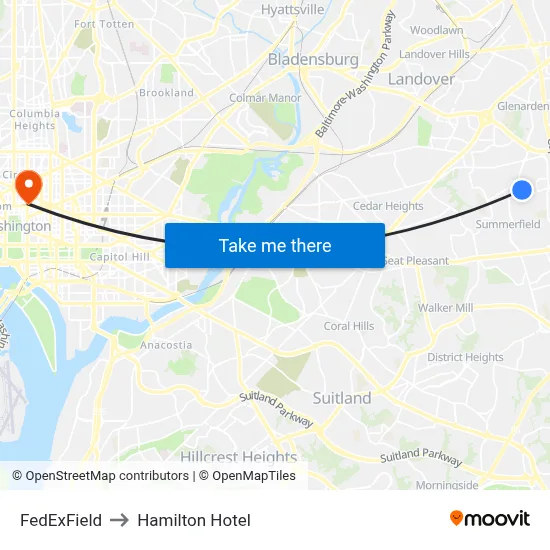 FedExField to Hamilton Hotel map