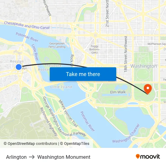 Arlington to Washington Monument map