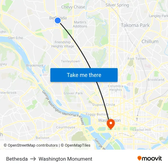 Bethesda to Washington Monument map