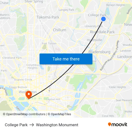 College Park to Washington Monument map