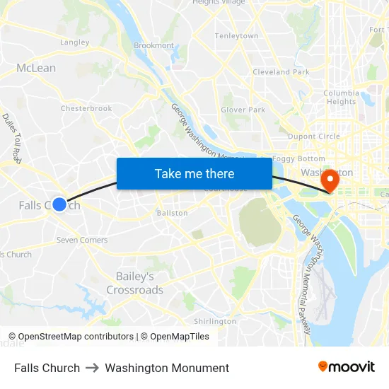 Falls Church to Washington Monument map