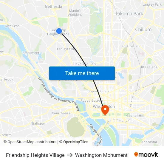 Friendship Heights Village to Washington Monument map