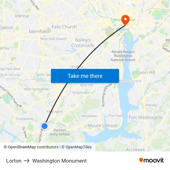Lorton to Washington Monument map
