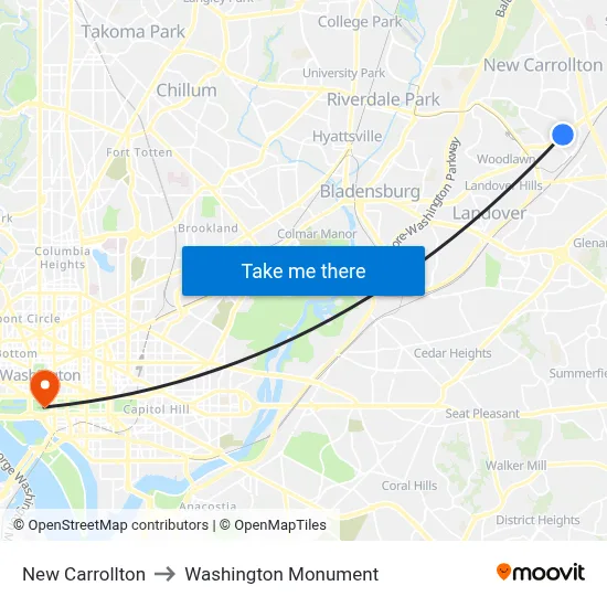 New Carrollton to Washington Monument map