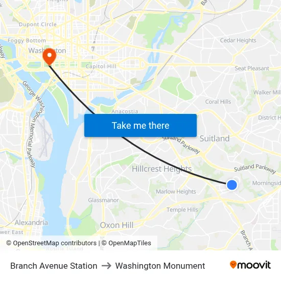 Branch Avenue Station to Washington Monument map