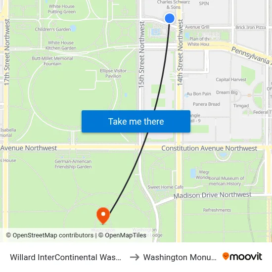 Willard InterContinental Washington to Washington Monument map