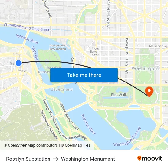 Rosslyn Substation to Washington Monument map