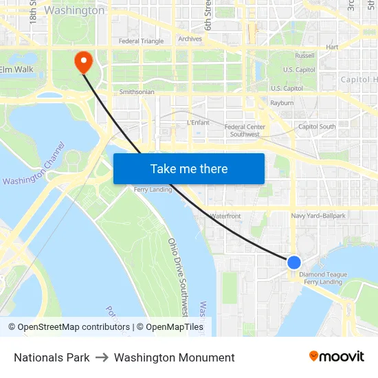 Nationals Park to Washington Monument map