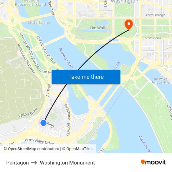 Pentagon to Washington Monument map