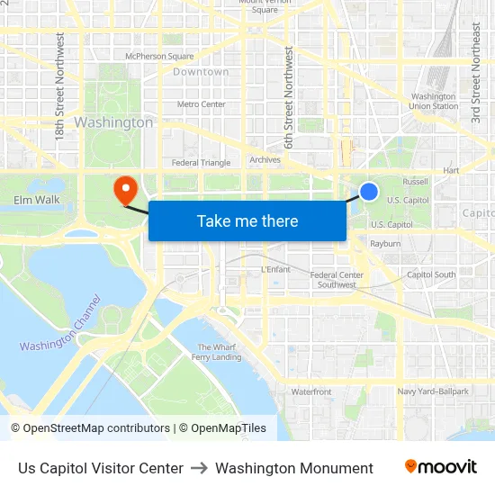 Us Capitol Visitor Center to Washington Monument map