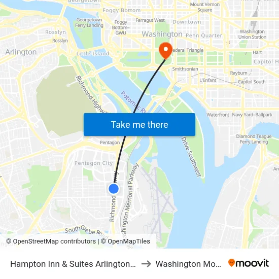 Hampton Inn & Suites Arlington Crystal City to Washington Monument map