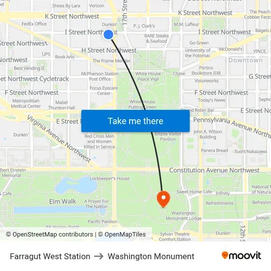 Farragut West Station to Washington Monument map