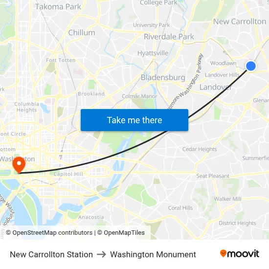 New Carrollton Station to Washington Monument map