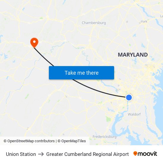 Union Station to Greater Cumberland Regional Airport map