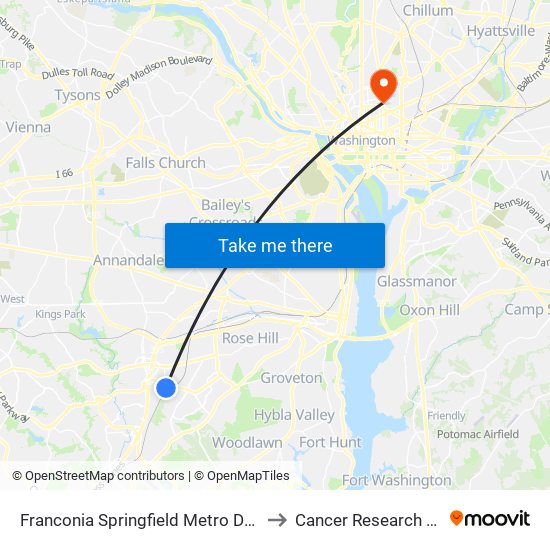 Franconia Springfield Metro Departures to Cancer Research Center map