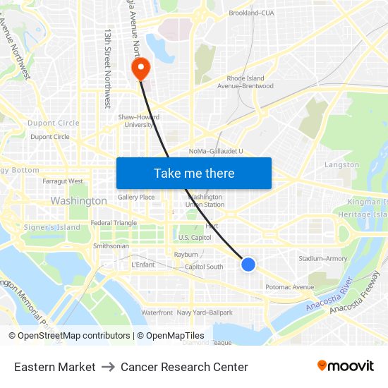 Eastern Market to Cancer Research Center map