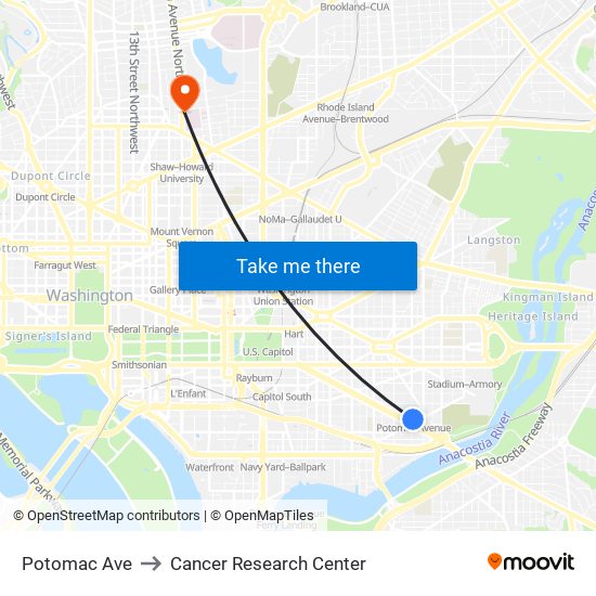 Potomac Ave to Cancer Research Center map