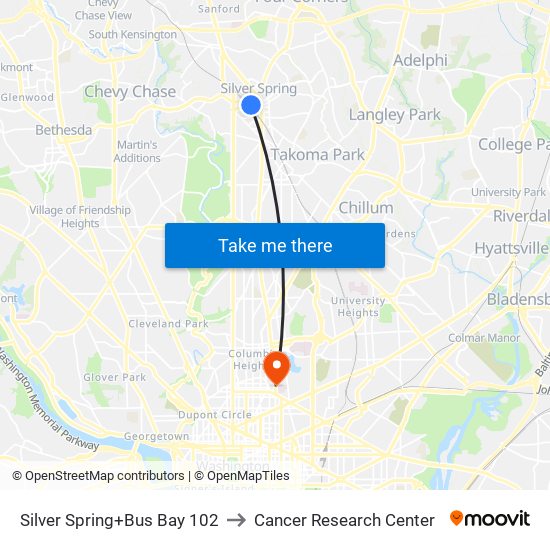Silver Spring+Bus Bay 102 to Cancer Research Center map