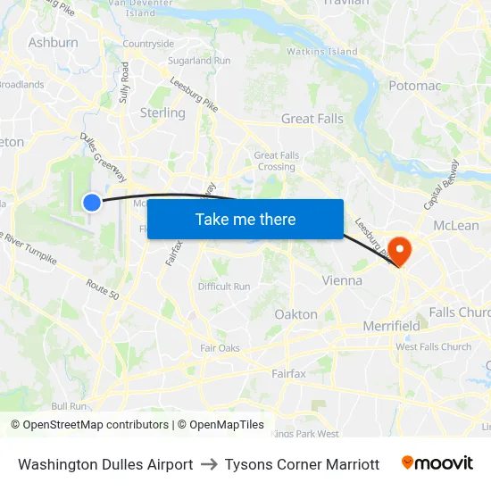 Washington Dulles Airport to Tysons Corner Marriott map