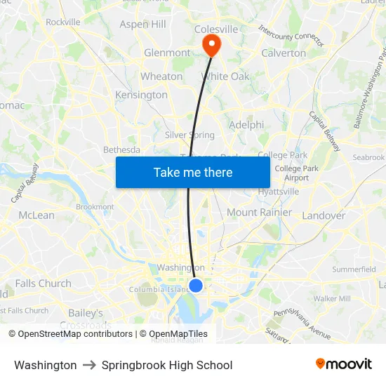 Washington to Springbrook High School map