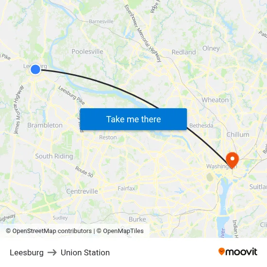 Leesburg to Union Station map