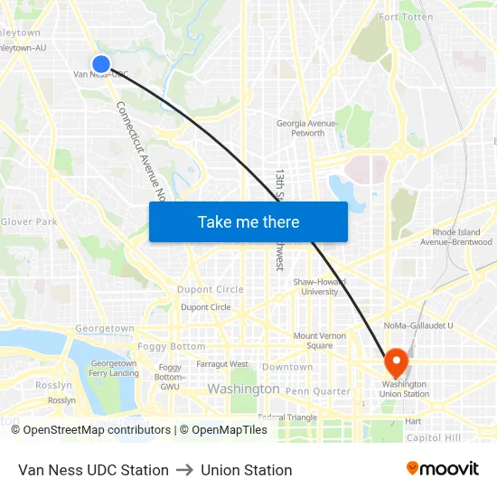 Van Ness UDC Station to Union Station map
