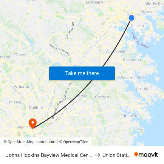 Johns Hopkins Bayview Medical Center to Union Station map