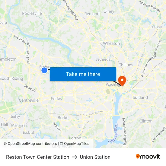 Reston Town Center Station to Union Station map