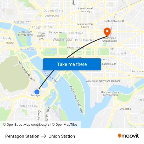 Pentagon Station to Union Station map