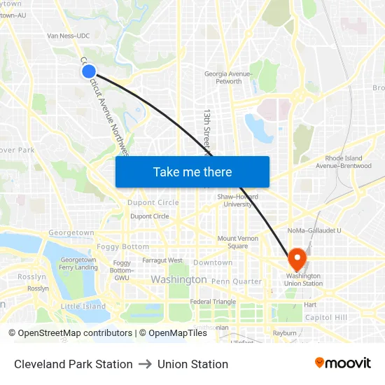 Cleveland Park Station to Union Station map