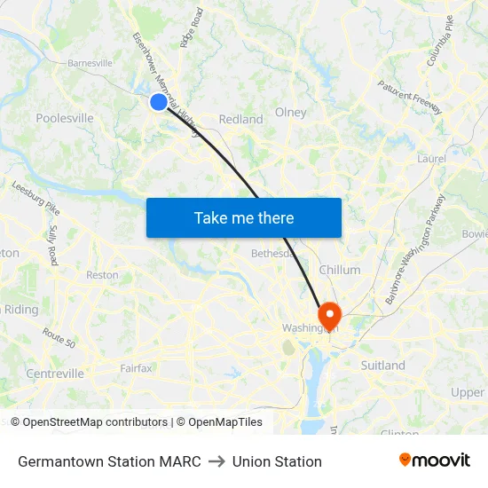 Germantown Station MARC to Union Station map