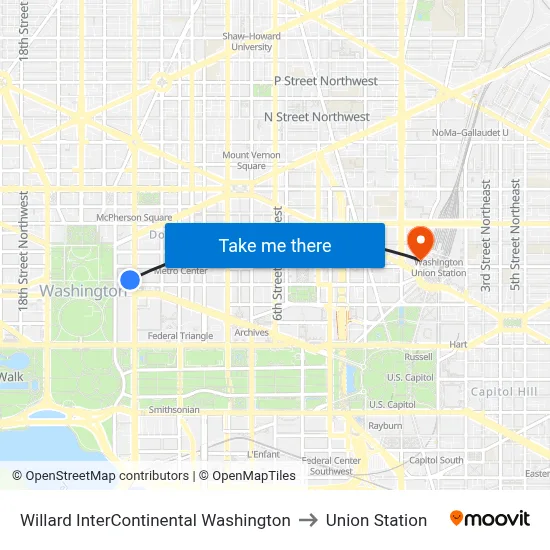 Willard InterContinental Washington to Union Station map