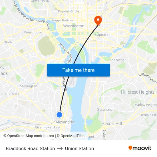 Braddock Road Station to Union Station map
